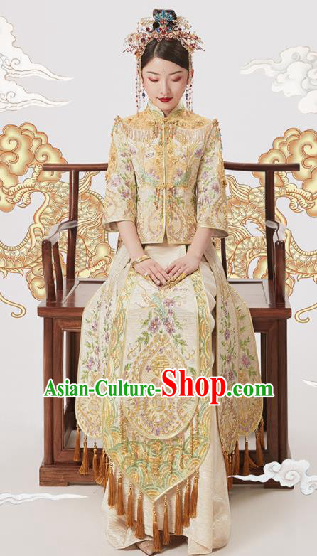 Chinese Traditional Wedding Golden Bottom Drawer Embroidered Phoenix Blouse and Dress Xiu He Suit Ancient Bride Costumes for Women