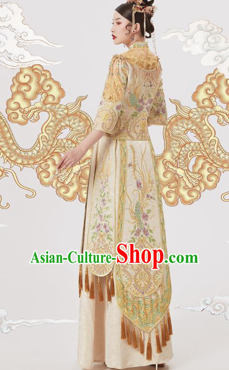 Chinese Traditional Wedding Golden Bottom Drawer Embroidered Phoenix Blouse and Dress Xiu He Suit Ancient Bride Costumes for Women