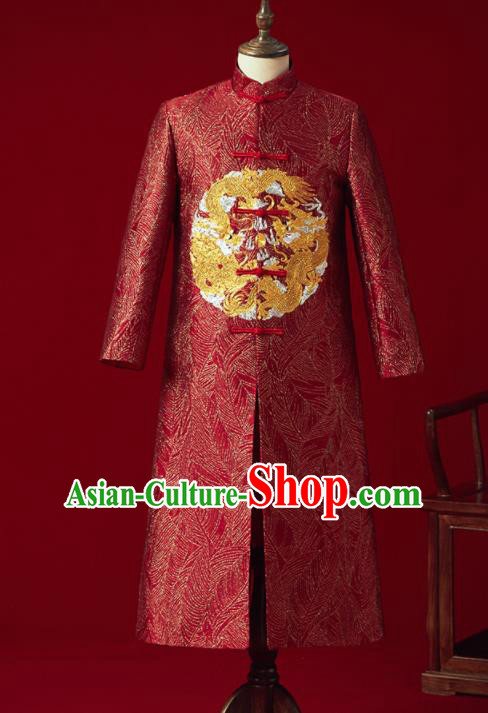 Chinese Ancient Bridegroom Embroidered Dragon Red Mandarin Jacket Traditional Wedding Tang Suit Costumes for Men