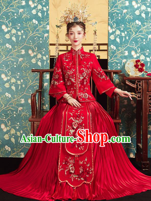 Chinese Traditional Wedding Bottom Drawer Embroidered Plum Red Blouse and Dress Xiu He Suit Ancient Bride Costumes for Women