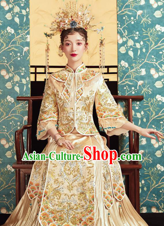 Chinese Traditional Wedding Drilling Golden Bottom Drawer Embroidered Blouse and Dress Xiu He Suit Ancient Bride Costumes for Women