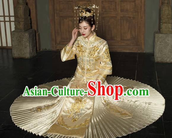 Chinese Traditional Wedding Golden Bottom Drawer Embroidered Blouse and Dress Xiu He Suit Ancient Bride Costumes for Women