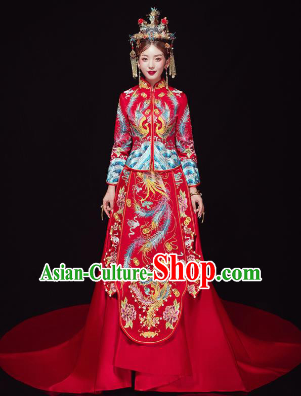 Chinese Traditional Wedding Red Trailing Bottom Drawer Embroidered Phoenix Blouse and Dress Xiu He Suit Ancient Bride Costumes for Women