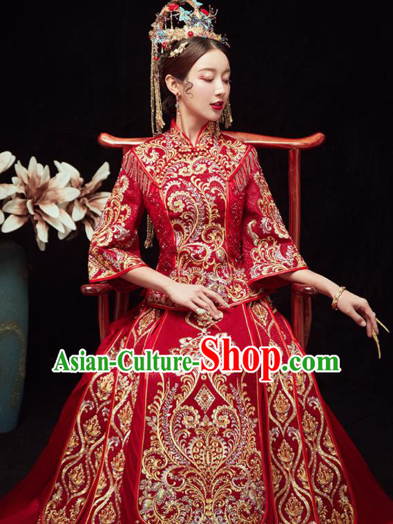 Chinese Traditional Wedding Red Bottom Drawer Embroidered Beads Blouse and Dress Xiu He Suit Ancient Bride Costumes for Women