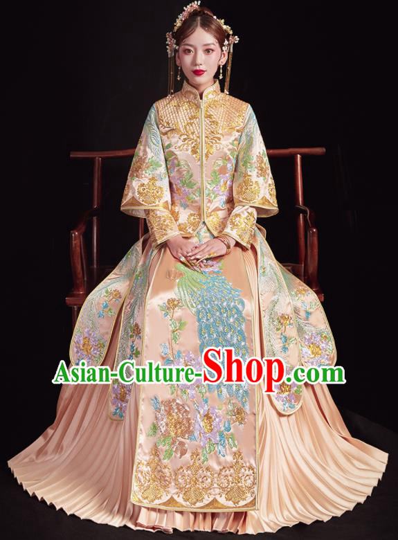 Chinese Traditional Wedding Champagne Bottom Drawer Embroidered Peacock Blouse and Dress Xiu He Suit Ancient Bride Costumes for Women