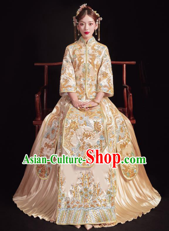 Chinese Traditional Wedding Golden Bottom Drawer Embroidered Phoenix Peony Blouse and Dress Xiu He Suit Ancient Bride Costumes for Women