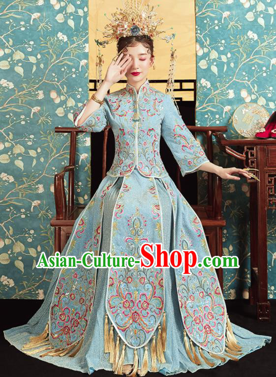 Chinese Traditional Wedding Bottom Drawer Embroidered Blue Blouse and Dress Xiu He Suit Ancient Bride Costumes for Women