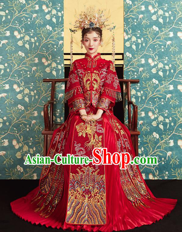 Chinese Traditional Wedding Embroidered Phoenix Peony Red Blouse and Dress Xiu He Suit Bottom Drawer Ancient Bride Costumes for Women