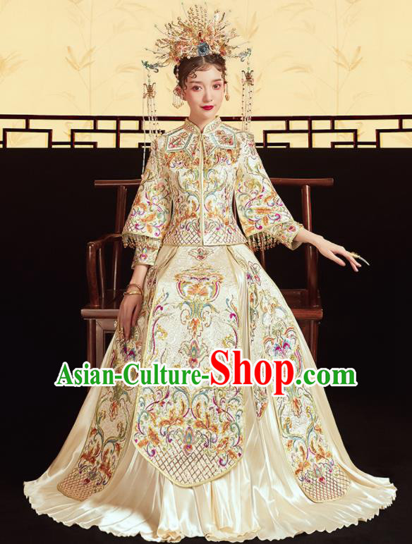 Chinese Traditional Wedding Embroidered Beige Blouse and Dress Xiu He Suit Bottom Drawer Ancient Bride Costumes for Women