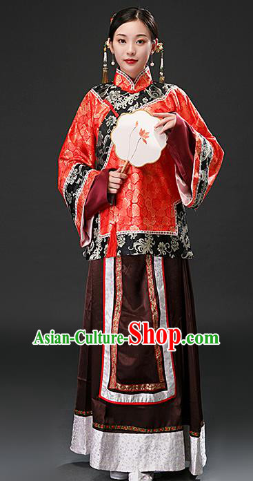 Chinese Ancient Qing Dynasty Rich Concubine Red Blouse and Brown Skirt Traditional Patrician Mistress Costumes for Women