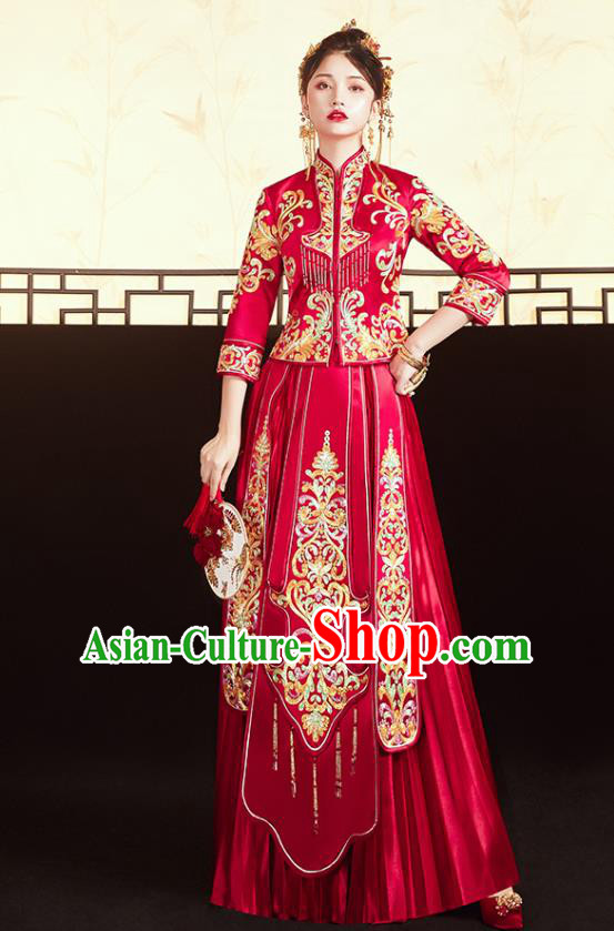 Chinese Traditional Bride Embroidered Drilling Red Xiu He Suit Wedding Blouse and Dress Bottom Drawer Ancient Costumes for Women