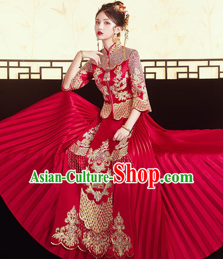 Chinese Traditional Bride Embroidered Red Xiu He Suit Wedding Blouse and Dress Bottom Drawer Ancient Costumes for Women