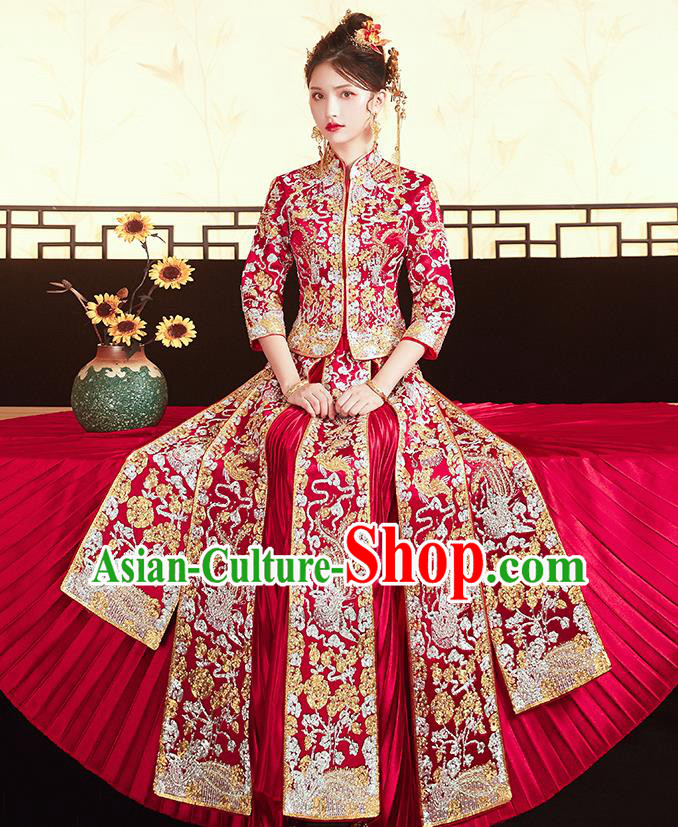 Chinese Traditional Ancient Bride Costumes Embroidered Drilling Phoenix Red Xiu He Suit Wedding Blouse and Dress Bottom Drawer for Women