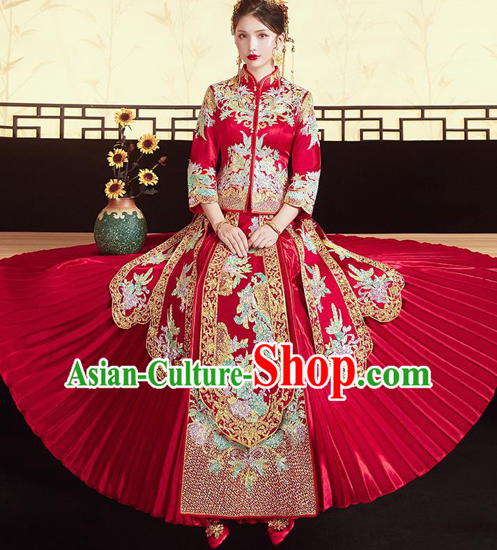Chinese Traditional Ancient Bride Costumes Embroidered Drilling Flowers Xiu He Suit Wedding Blouse and Dress Bottom Drawer for Women