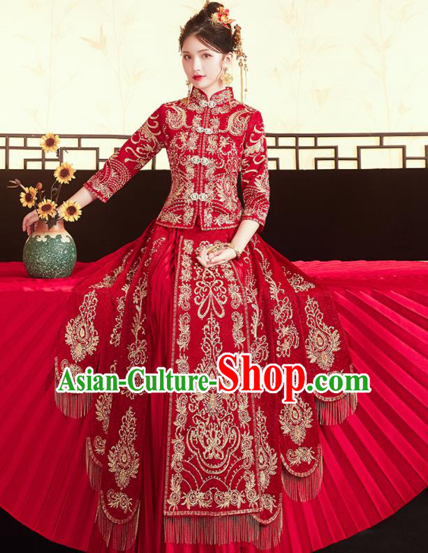 Chinese Traditional Ancient Bride Costumes Embroidered Drilling Xiu He Suit Wedding Blouse and Dress Bottom Drawer for Women