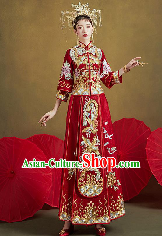 Chinese Traditional Ancient Bride Costumes Embroidered Drilling Phoenix Red Xiu He Suit Wedding Blouse and Dress Bottom Drawer for Women