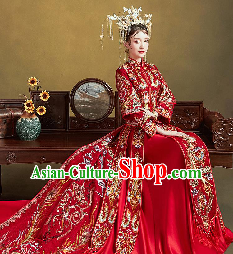 Chinese Traditional Ancient Bride Drilling Costumes Embroidered Phoenix Red Xiu He Suit Wedding Blouse and Dress Bottom Drawer for Women