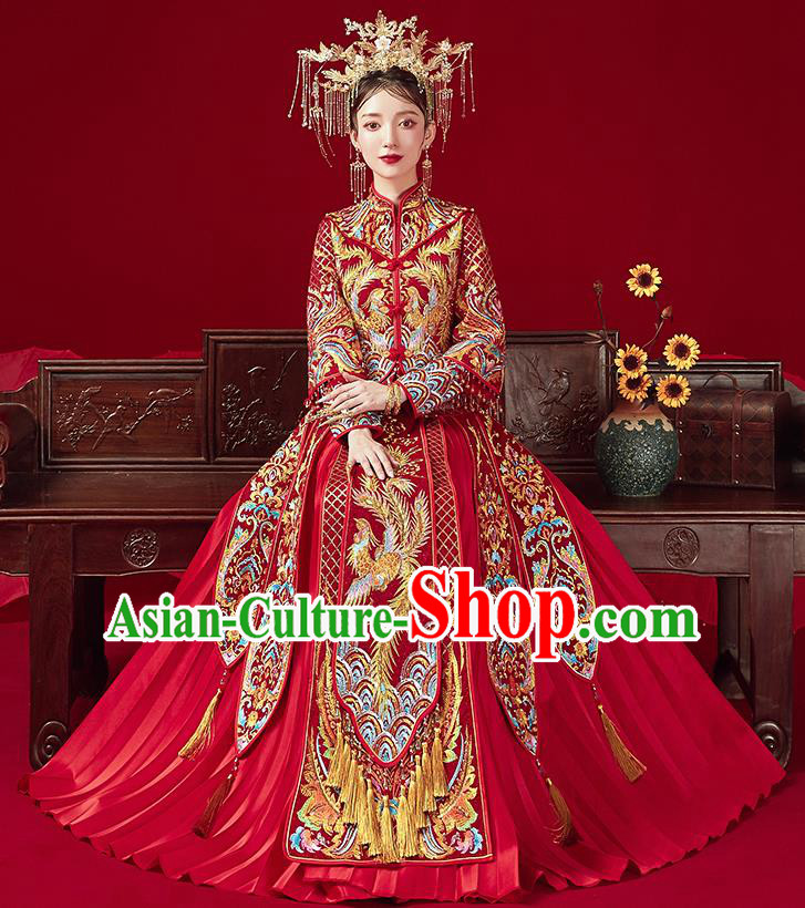 Chinese Traditional Ancient Bride Embroidered Phoenix Drilling Costumes Red Xiu He Suit Wedding Blouse and Dress Bottom Drawer for Women