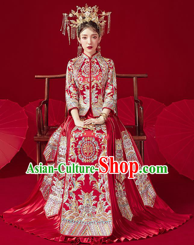 Chinese Traditional Ancient Bride Embroidered Drilling Costumes Red Xiu He Suit Wedding Blouse and Dress Bottom Drawer for Women