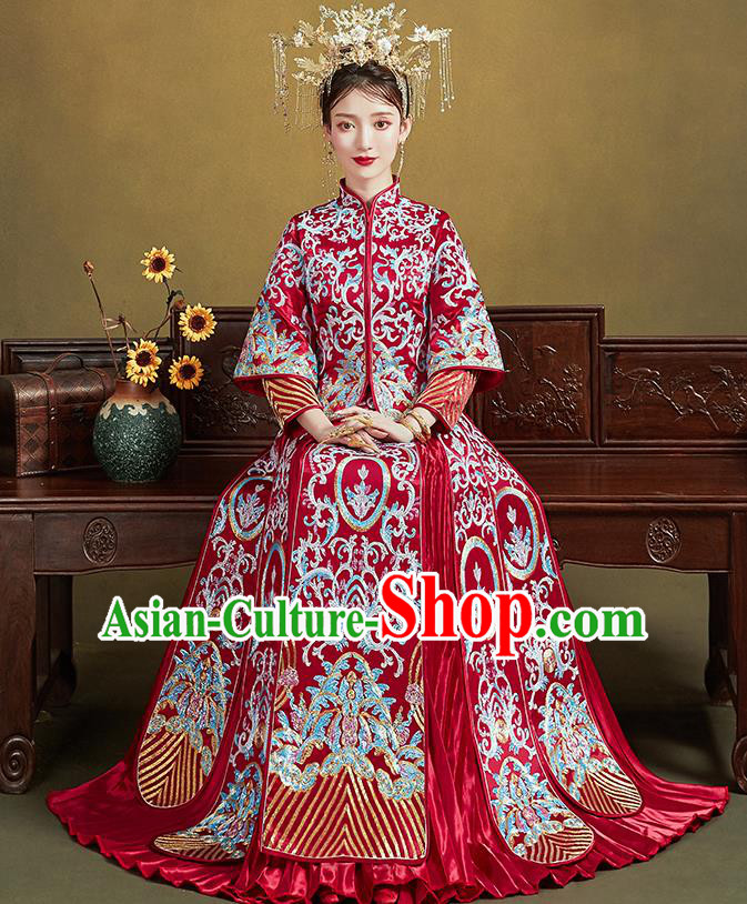 Chinese Traditional Ancient Bride Drilling Embroidered Costumes Red Xiu He Suit Wedding Blouse and Dress Bottom Drawer for Women