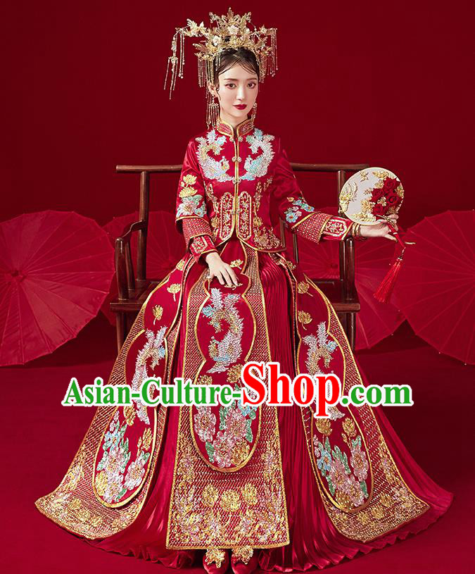 Chinese Traditional Ancient Bride Drilling Phoenix Embroidered Costumes Red Xiu He Suit Wedding Blouse and Dress Bottom Drawer for Women