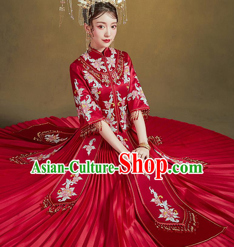 Chinese Ancient Bride Embroidered Drilling Peony Costumes Red Xiu He Suit Wedding Blouse and Dress Traditional Bottom Drawer for Women