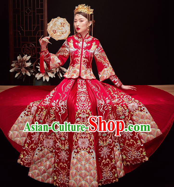 Chinese Ancient Bride Embroidered Costumes Drilling Red Xiu He Suit Wedding Blouse and Dress Traditional Bottom Drawer for Women