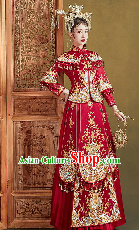 Chinese Ancient Bride Embroidered Costumes Drilling Waves Red Xiu He Suit Wedding Blouse and Dress Traditional Bottom Drawer for Women