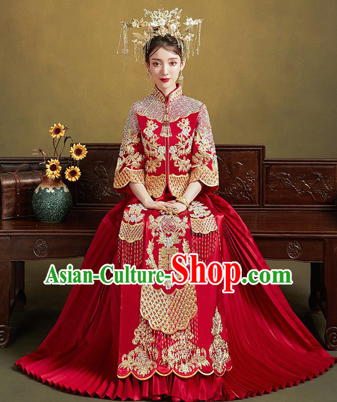 Chinese Ancient Bride Embroidered Costumes Diamante Red Xiu He Suit Wedding Blouse and Dress Traditional Bottom Drawer for Women