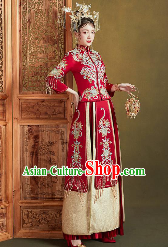 Chinese Ancient Bride Embroidered Costumes Diamante Peony Red Xiu He Suit Wedding Blouse and Dress Traditional Bottom Drawer for Women