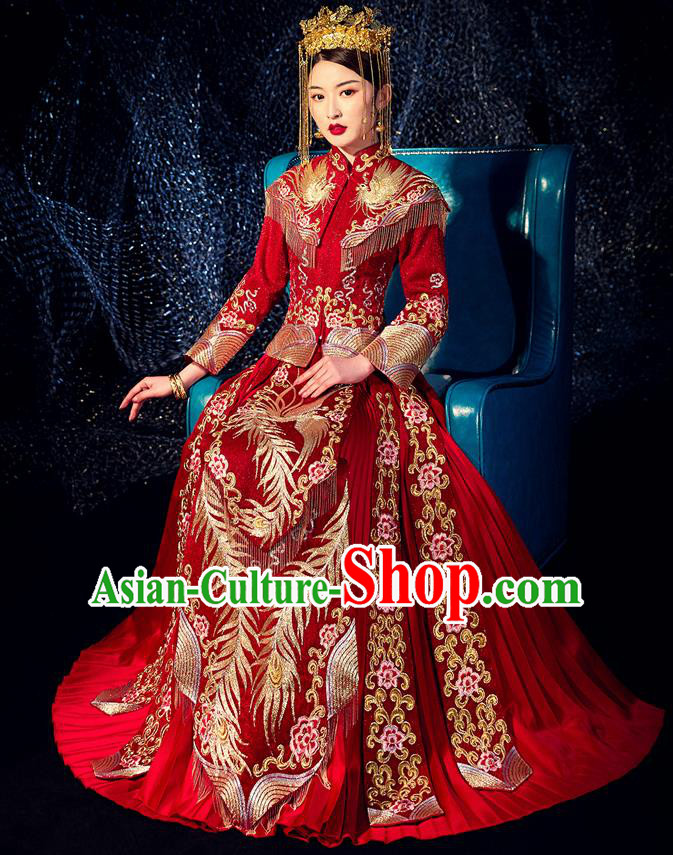 Chinese Ancient Bride Embroidered Phoenix Peony Costumes Diamante Red Xiu He Suit Wedding Blouse and Dress Traditional Bottom Drawer for Women