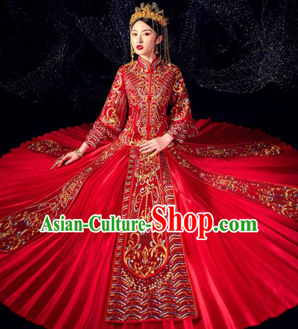 Chinese Ancient Bride Embroidered Beads Costumes Diamante Red Xiu He Suit Wedding Blouse and Dress Traditional Bottom Drawer for Women