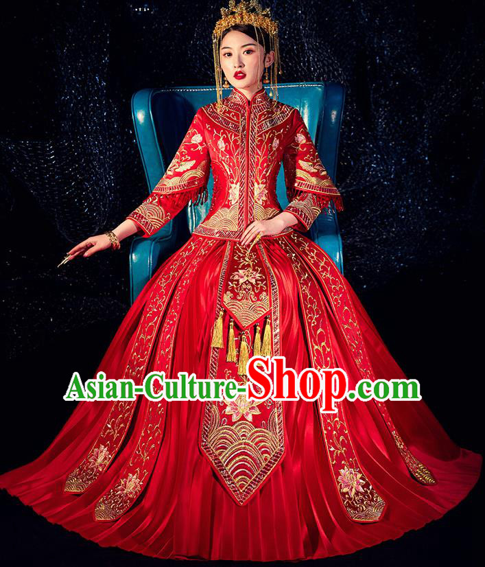 Chinese Ancient Bride Embroidered Lotus Costumes Diamante Red Xiu He Suit Wedding Blouse and Dress Traditional Bottom Drawer for Women