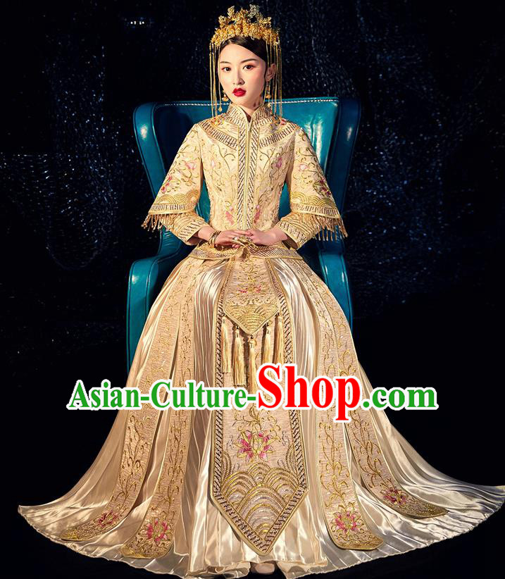 Chinese Ancient Bride Embroidered Lotus Costumes Diamante Golden Xiu He Suit Wedding Blouse and Dress Traditional Bottom Drawer for Women