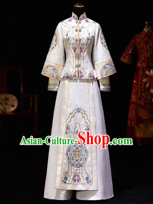 Chinese Ancient Bride Embroidered White Costumes Diamante Xiu He Suit Wedding Blouse and Dress Traditional Bottom Drawer for Women