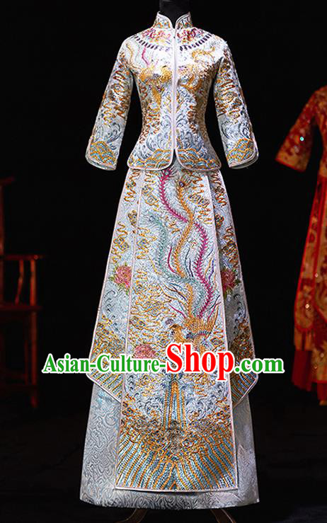 Chinese Ancient Bride Embroidered Blue Costumes Diamante Xiu He Suit Wedding Blouse and Dress Traditional Bottom Drawer for Women