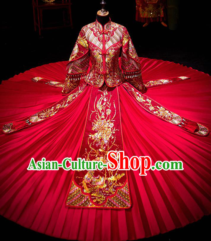 Chinese Ancient Bride Embroidered Costumes Diamante Peony Red Xiu He Suit Wedding Blouse and Dress Traditional Bottom Drawer for Women