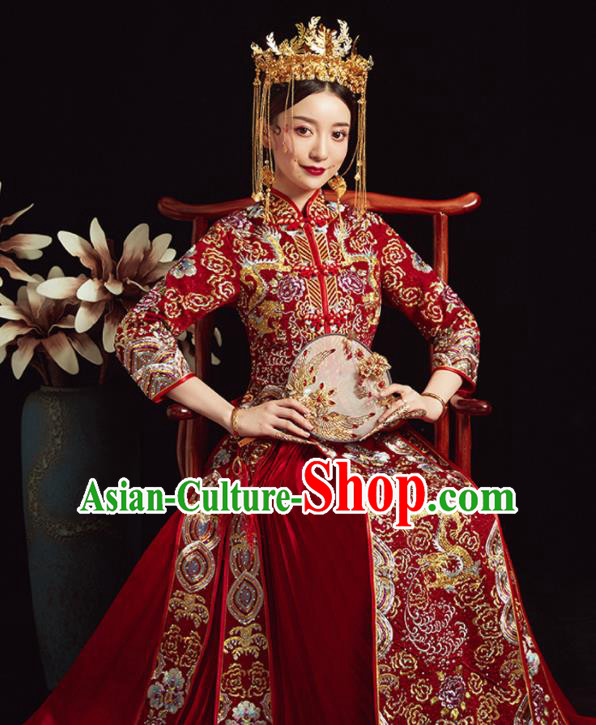 Chinese Ancient Bride Embroidered Costumes Diamante Dragon Red Xiu He Suit Wedding Blouse and Dress Traditional Bottom Drawer for Women