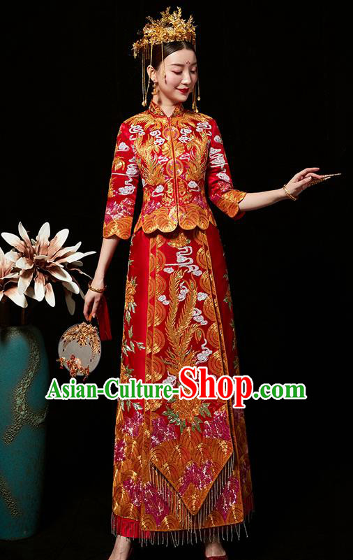 Chinese Ancient Bride Embroidered Phoenix Peony Red Costumes Diamante Xiu He Suit Wedding Blouse and Dress Traditional Bottom Drawer for Women