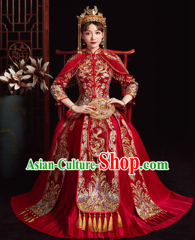 Chinese Ancient Bride Embroidered Dragon Red Costumes Diamante Xiu He Suit Wedding Blouse and Dress Traditional Bottom Drawer for Women