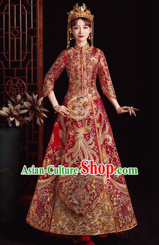 Chinese Ancient Bride Embroidered Phoenix Red Costumes Diamante Xiu He Suit Wedding Blouse and Dress Traditional Bottom Drawer for Women