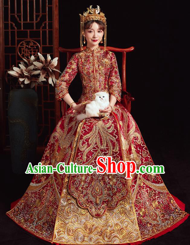 Chinese Ancient Bride Embroidered Phoenix Red Costumes Diamante Xiu He Suit Wedding Blouse and Dress Traditional Bottom Drawer for Women