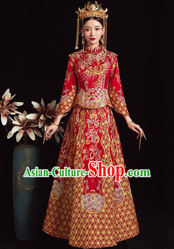 Chinese Ancient Bride Embroidered Phoenix Red Costumes Xiu He Suit Wedding Blouse and Dress Traditional Bottom Drawer for Women