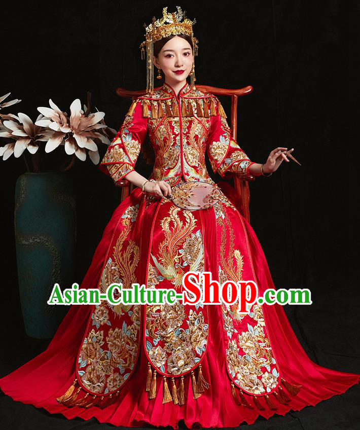 Chinese Ancient Bride Embroidered Phoenix Peony Red Costumes Xiu He Suit Wedding Blouse and Dress Traditional Bottom Drawer for Women