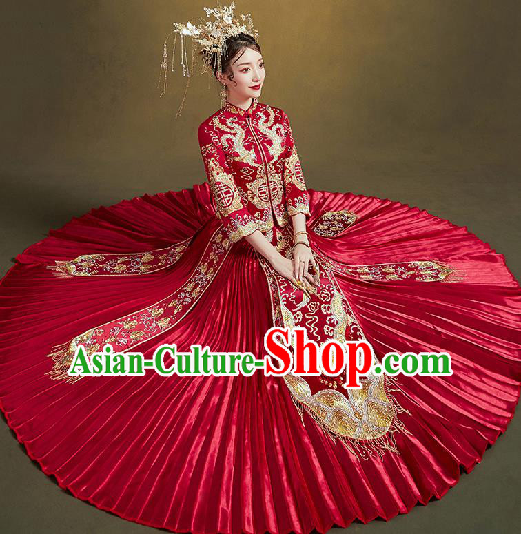 Chinese Traditional Ancient Bride Embroidered Costumes Drilling Phoenix Red Xiu He Suit Wedding Blouse and Dress Bottom Drawer for Women