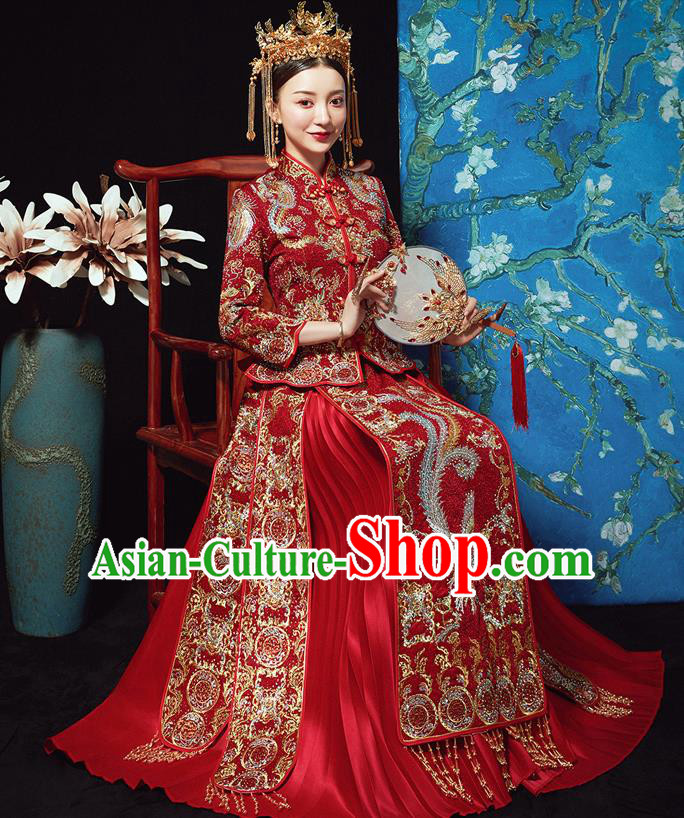 Chinese Ancient Bride Embroidered Diamante Phoenix Red Costumes Xiu He Suit Wedding Blouse and Dress Traditional Bottom Drawer for Women