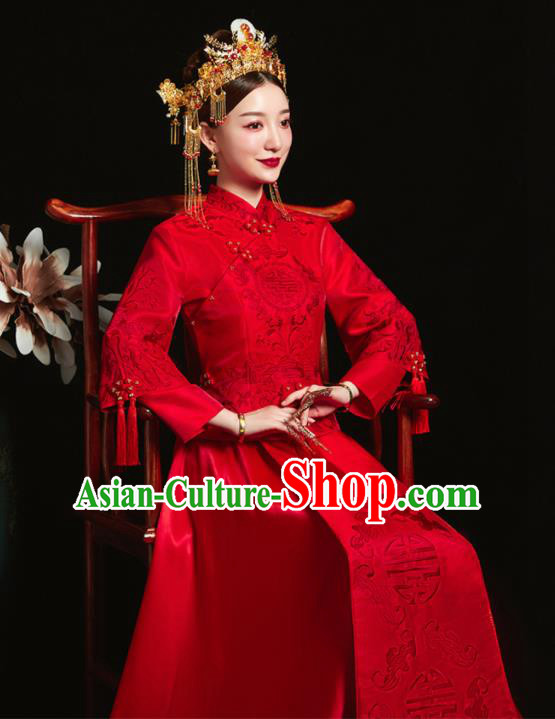 Chinese Ancient Bride Embroidered Red Costumes Xiu He Suit Wedding Blouse and Dress Traditional Bottom Drawer for Women