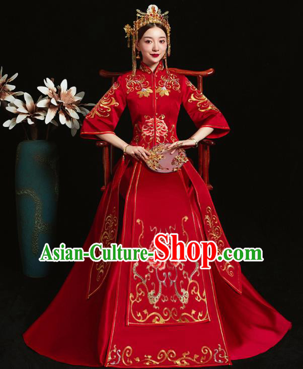 Chinese Ancient Bride Embroidered Peony Red Xiu He Suit Wedding Costumes Blouse and Dress Traditional Bottom Drawer for Women