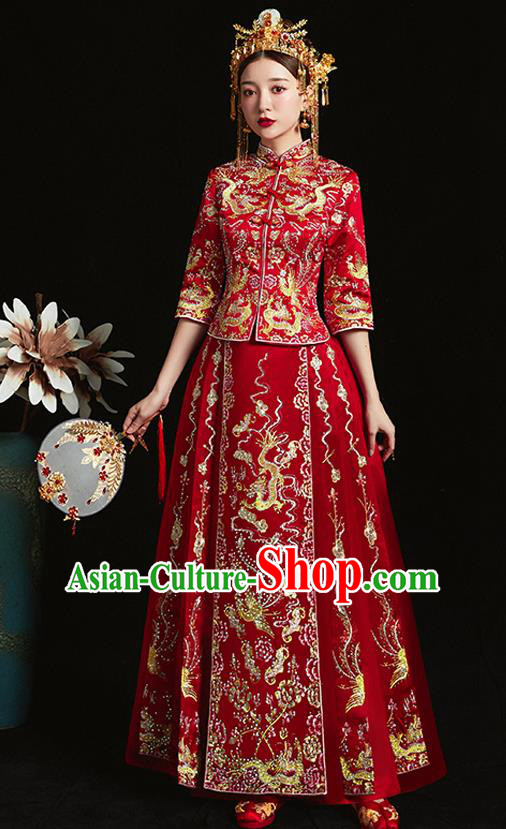 Chinese Ancient Bride Embroidered Dragon Phoenix Red Xiu He Suit Wedding Costumes Blouse and Dress Traditional Bottom Drawer for Women