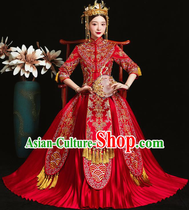 Chinese Ancient Bride Embroidered Red Xiu He Suit Wedding Costumes Blouse and Dress Traditional Bottom Drawer for Women